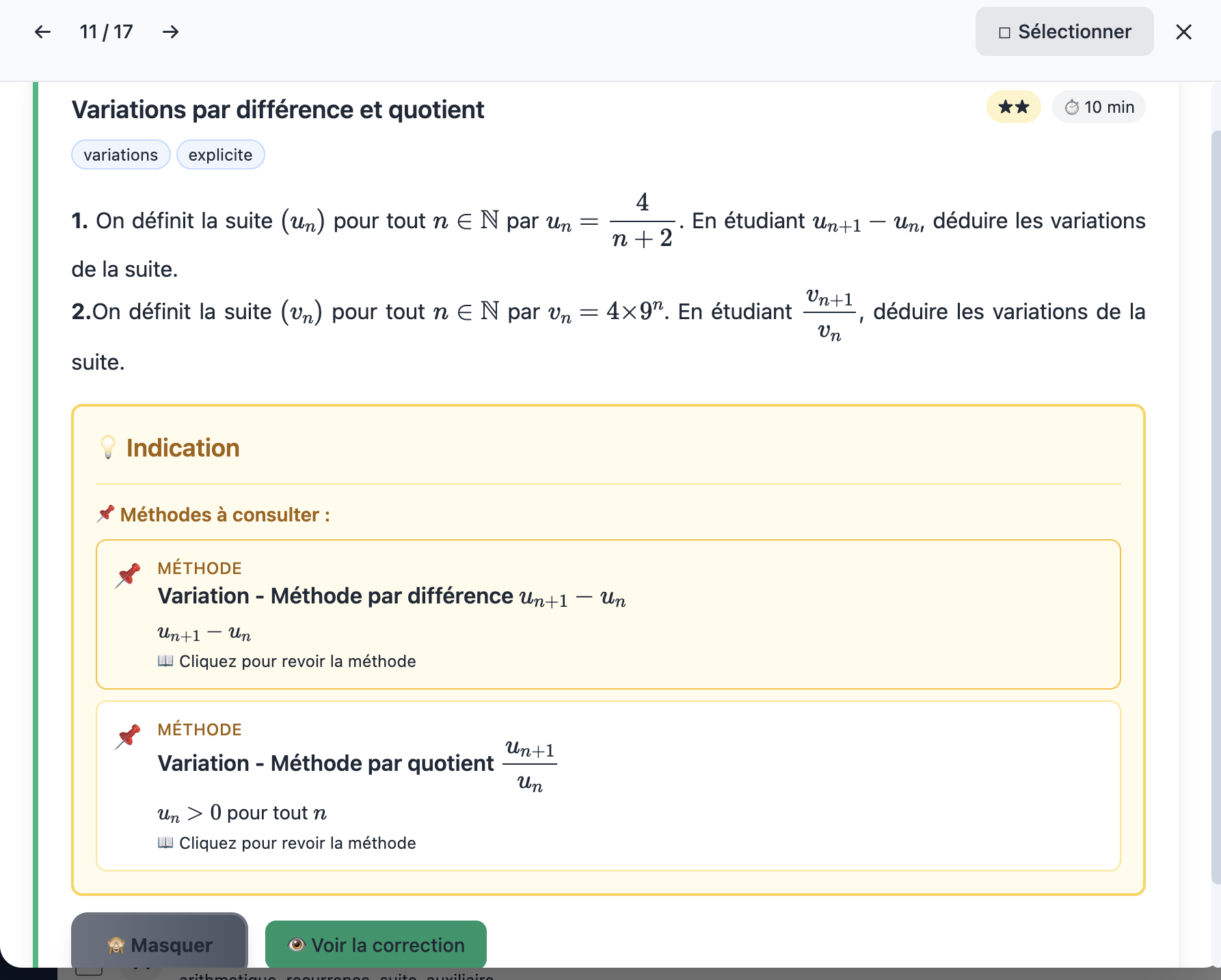 Exercice « Variations par différence et quotient » avec panneau Indication ouvert. L'indication liste les méthodes à consulter : Variation par différence et Variation par quotient, chacune cliquable pour revoir la méthode complète.