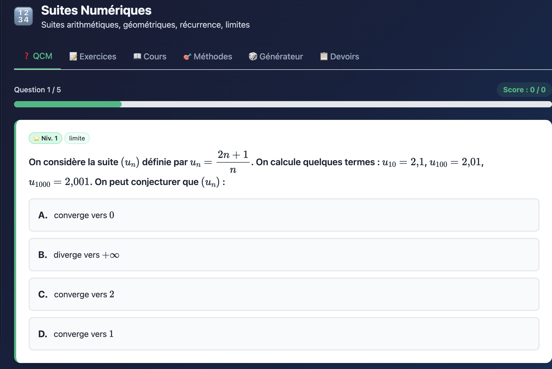 QCM Suites Numériques : Question 1/5 sur la conjecture de la limite d'une suite, avec un score en haut à droite, une étiquette de difficulté Niv. 1 et 4 propositions A/B/C/D.